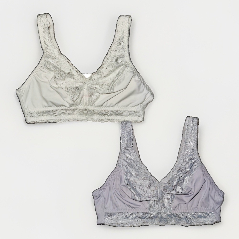 Lot Of 2 Breezies Lace Wirefree Bra White Gray Basic L Comfort Support Everyday